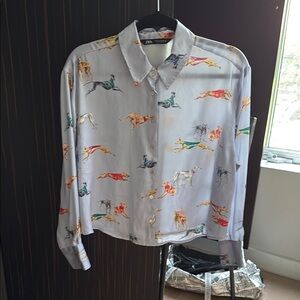 Zara Blue and Red Casual Button Down Shirt with Playful dogs Print
